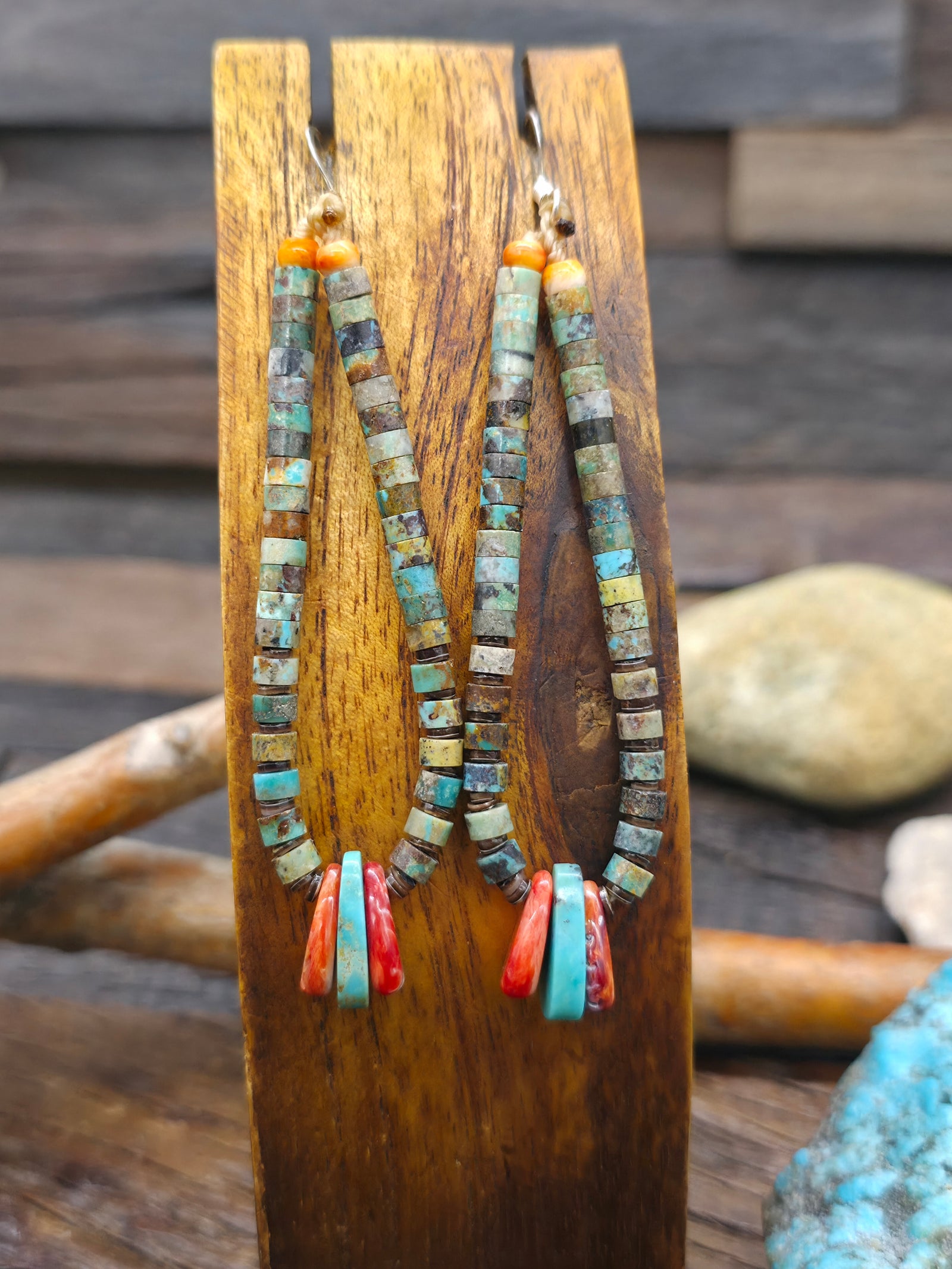 Green Turquoise Heishi and Red Spiny Oyster Jacla Earrings by Robert Coriz - 3 1/2 in. by 5/8 in.