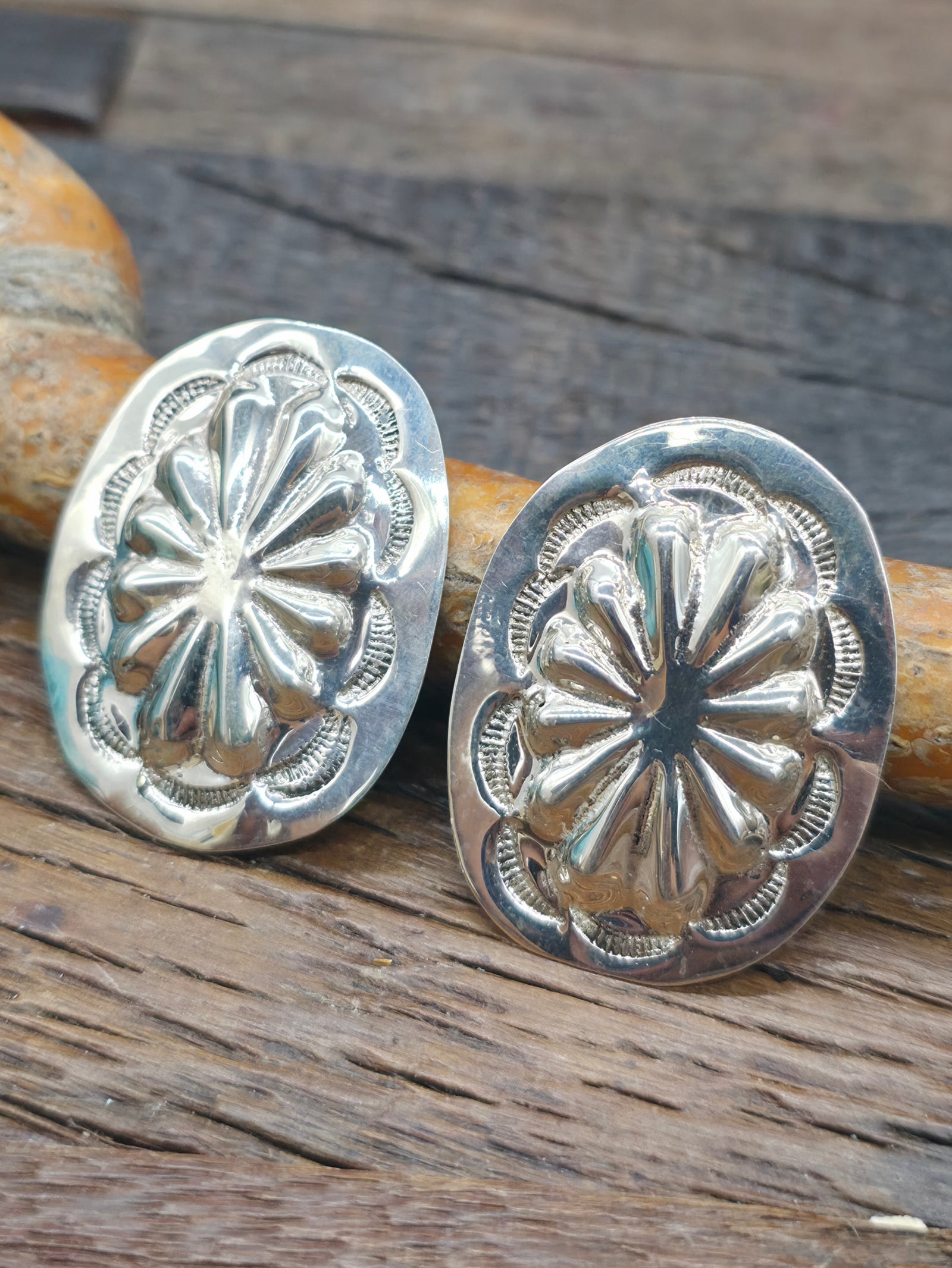 High Shine Repousse Stamped Sterling Silver Concha Earrings - 1 3/4 in. by 1 1/4 in.