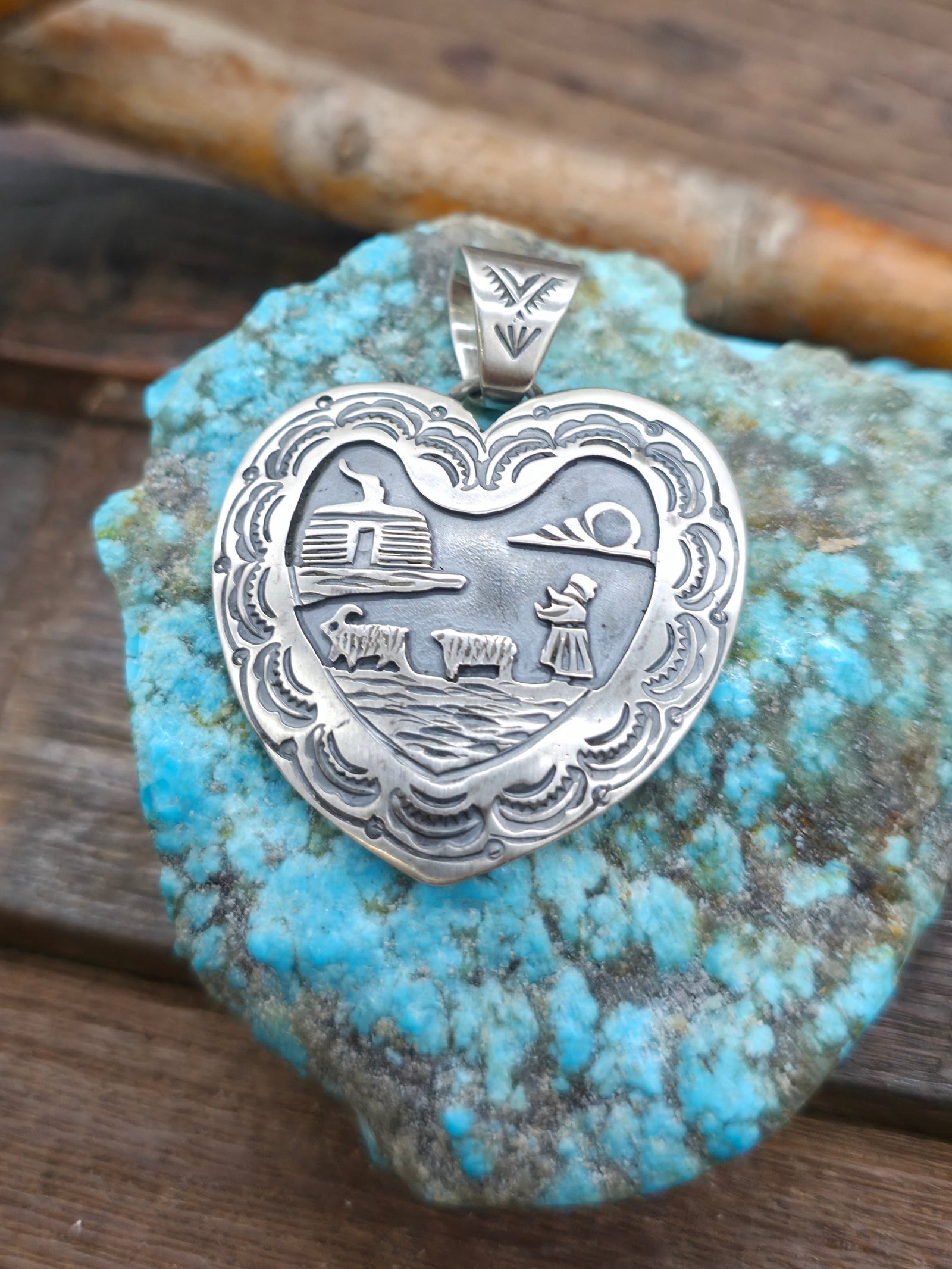 Stamped Sterling Silver Overlay Storyteller Heart Pendant - 2 in. by 1 1/2 in.