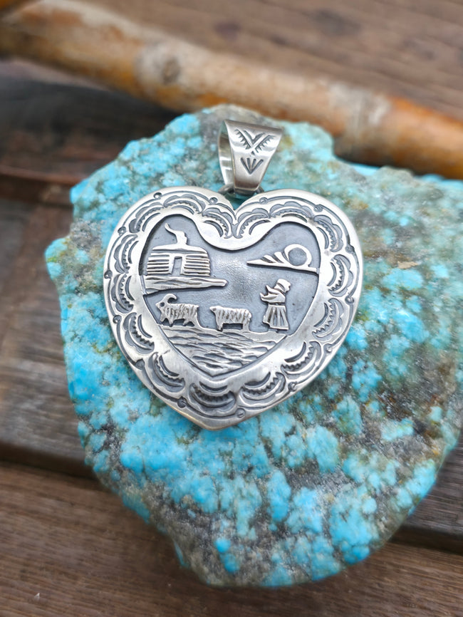 Stamped Sterling Silver Overlay Storyteller Heart Pendant - 2 in. by 1 1/2 in.