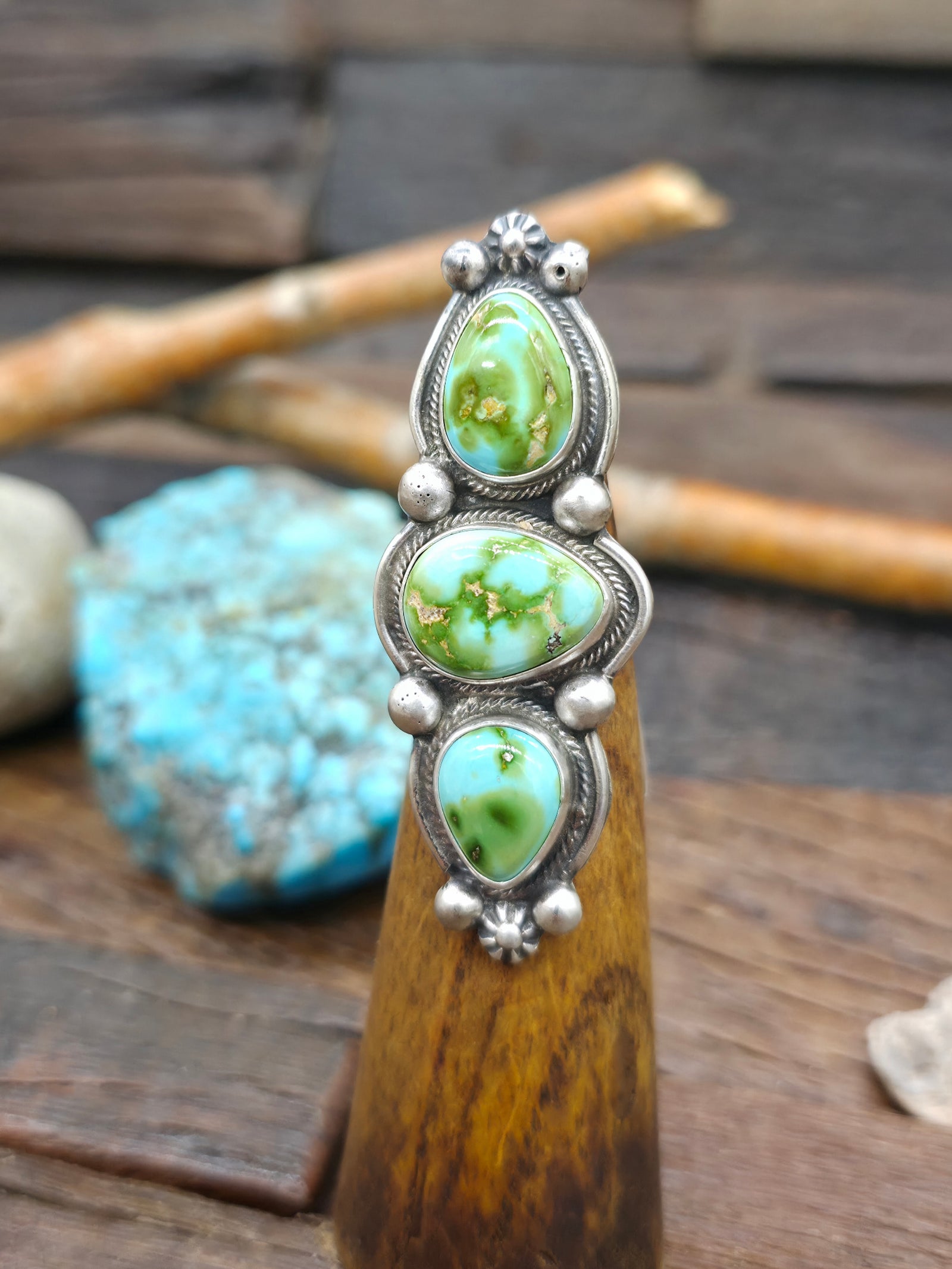 Three Stone Sterling Silver Sonoran Turquoise Ring by Kathleen Livingston - Size 8