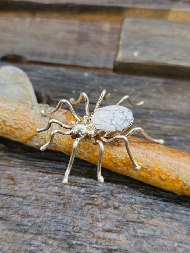 Sterling Silver and White Buffalo Spider Pin by Effie Garfield