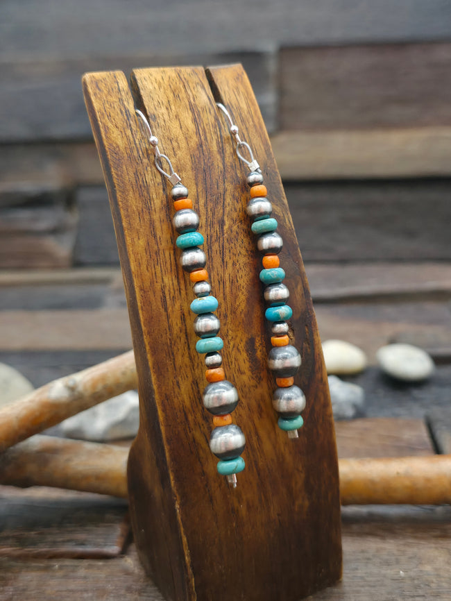 Long Oxidized Sterling Silver Turquoise and Spiny Oyster Bead Earrings
