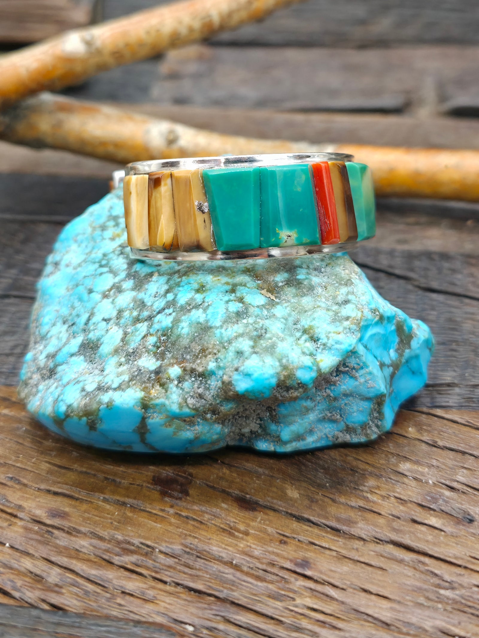 Sterling Silver Cobblestone Inlay Cuff with Turquoise, Coral and Fossil Ivory by Walter Vandever - 6 3/4 in. with Gap