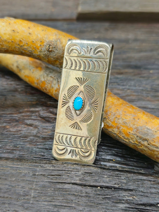 Repousse Stampwork Sterling Silver Money Clip with Turquoise by Bertha Begay - DESIGNS VARY