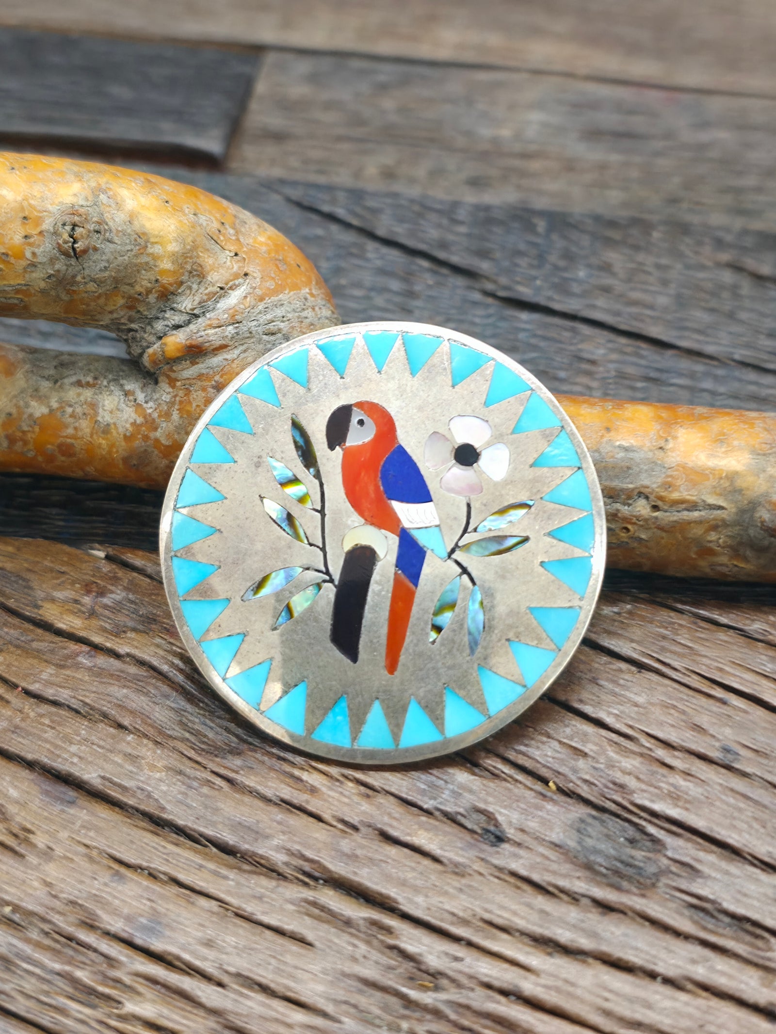 Sterling Silver Parrot Inlay Zuni Pin/Pendant by Dennis and Nancy Edaake - 1 1/2 in. Diameter