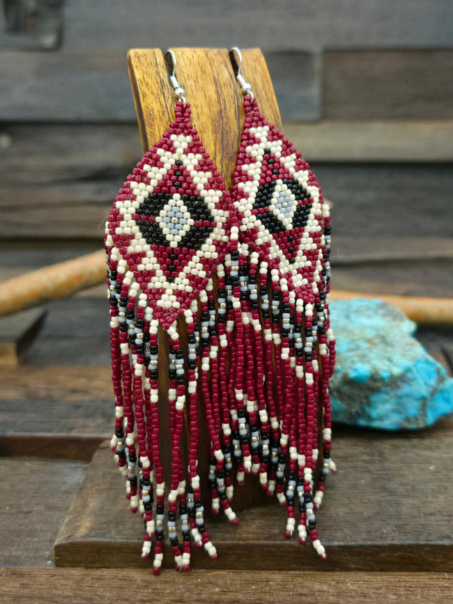 Large Beadwork Fringe Earrings - Red and Black - 6 in. by 1 1/2 in.