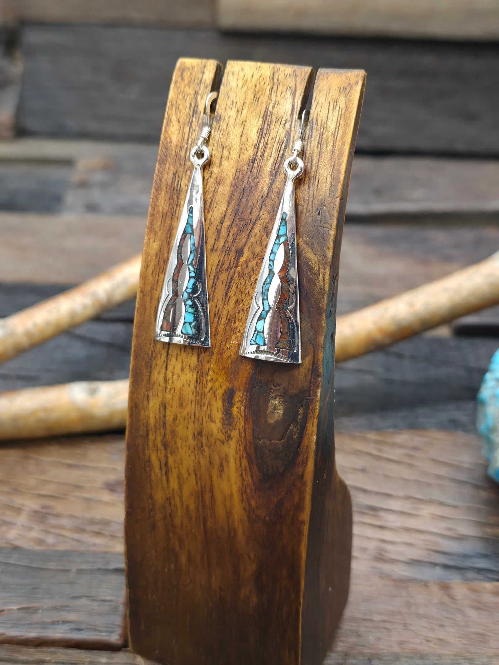 Sterling Silver Dangle Earrings with Chip Inlay by Joleen Yazzie