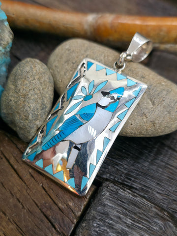 Sterling Silver Coral Zuni Inlay Cardinal Lariat Necklace by Quintin Quam - 26 in. with 3 1/2 in. Drop