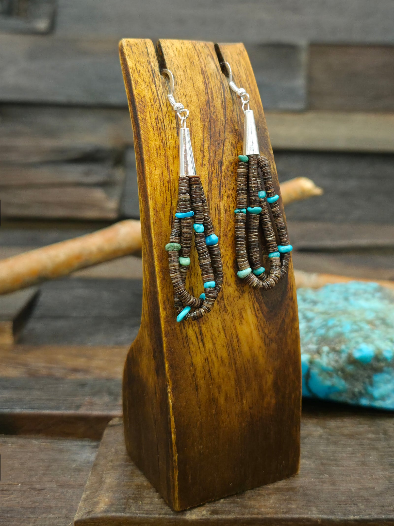 Heishi and Turquoise Nugget Earrings by Ramona Bird - 3 in. by 3/4 in.