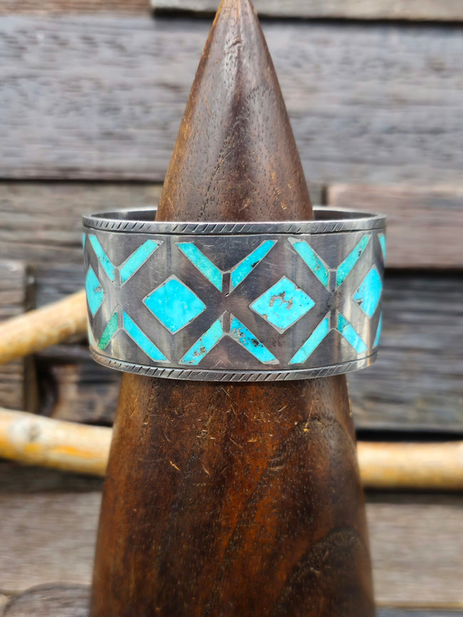 Vintage/Estate Sterling Silver Turquoise Inlay Cuff Circa 1950s - 6 1/2 in.