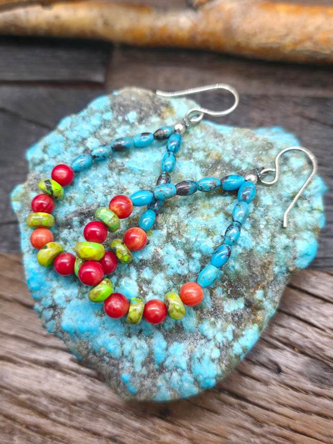 Blue and Green Turquoise and Apple Coral Hanging Loop Bead Earrings by Fred Archuleta - 2 1/2 in. by 1 in.
