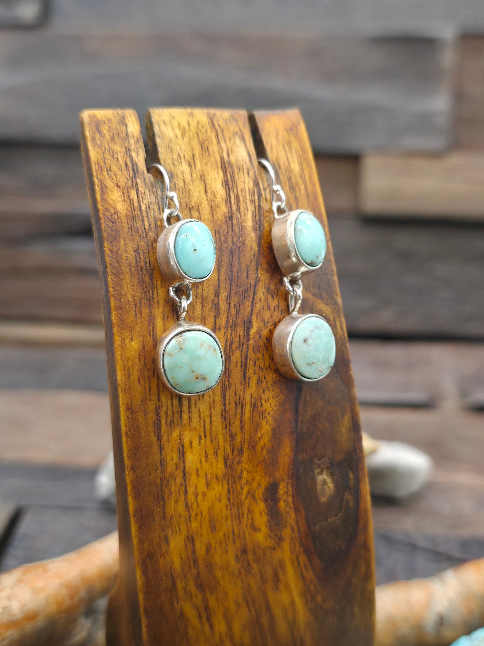Two Stone Sterling Silver Dry Creek Turquoise Earrings by Rosella Paxton