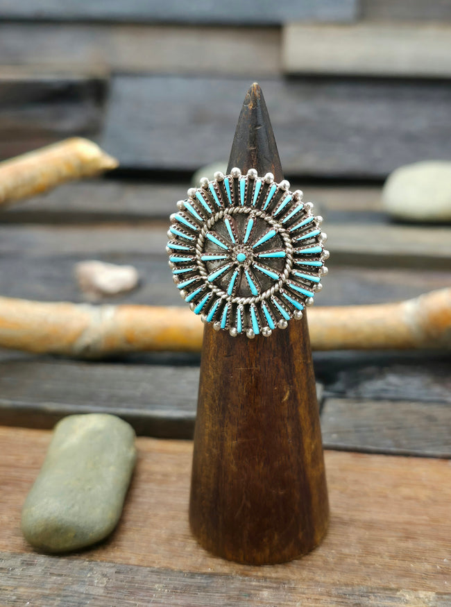 Sterling Silver Sleeping Beauty Turquoise Needlepoint Ring by Shirley Lahi - Size 8