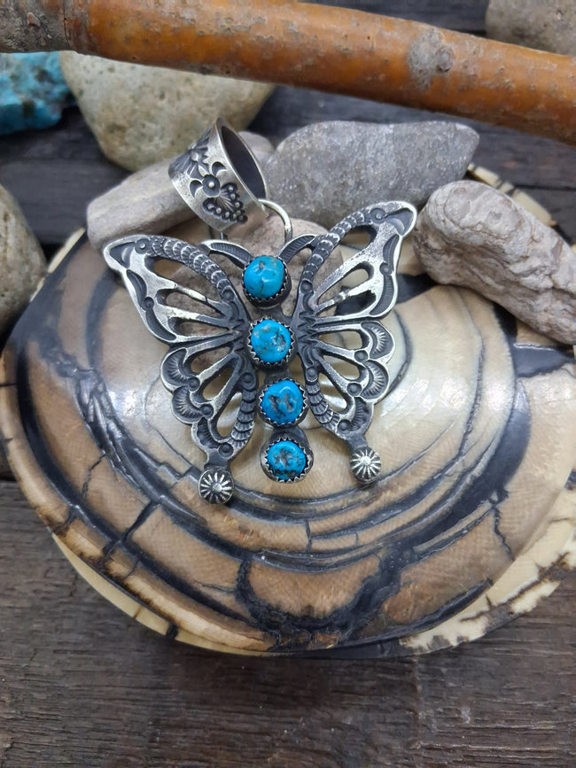 Oxidized Sterling Silver Cast Butterfly Pendant with Kingman Turquoise