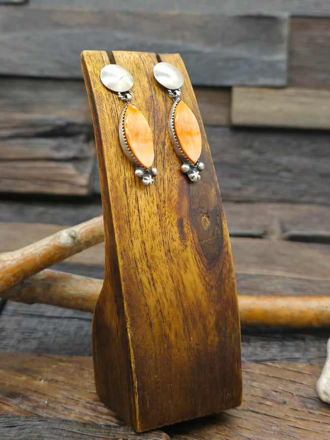 Sterling Silver Orange Spiny Oyster Post Dangle Earrings by Selena Warner - 2 in. by 1/2 in.