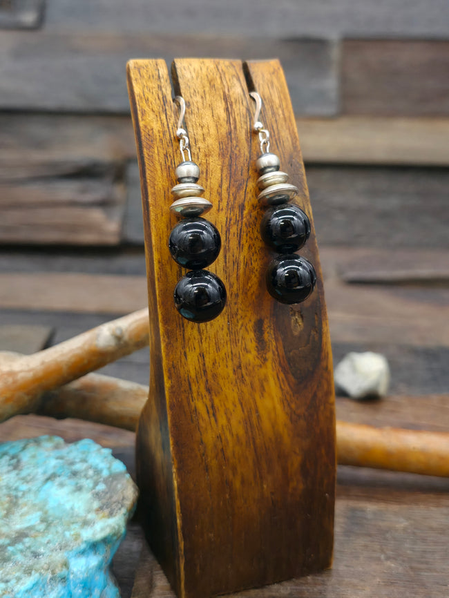 Onyx and Sterling Silver Bead Hook Earrings - 2 1/4 in.