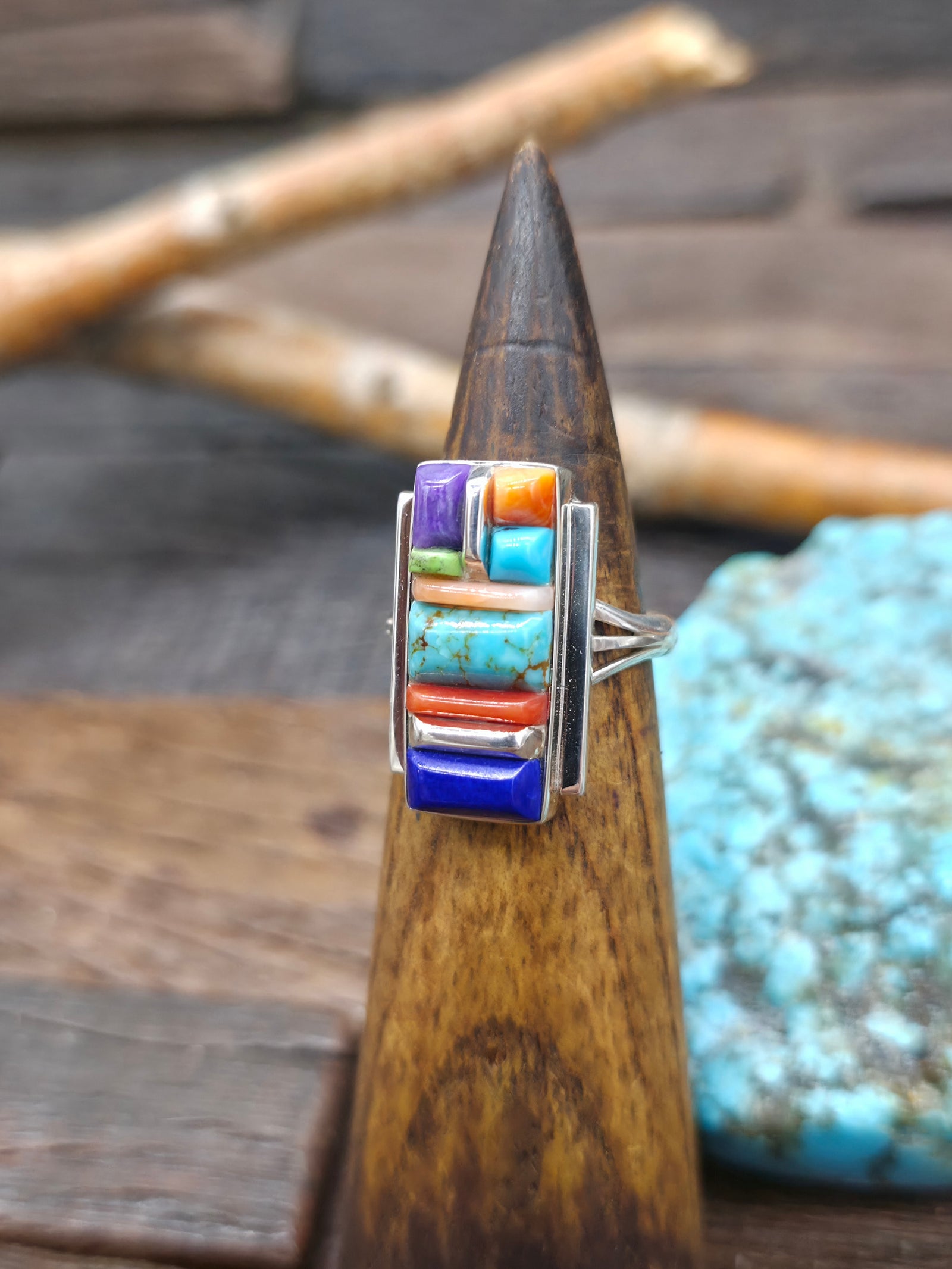 Sterling Silver Cobblestone Inlay Ring with Turquoise, Lapis, Spiny, Coral, and Sugilite by Sheryl Martinez - Size 9