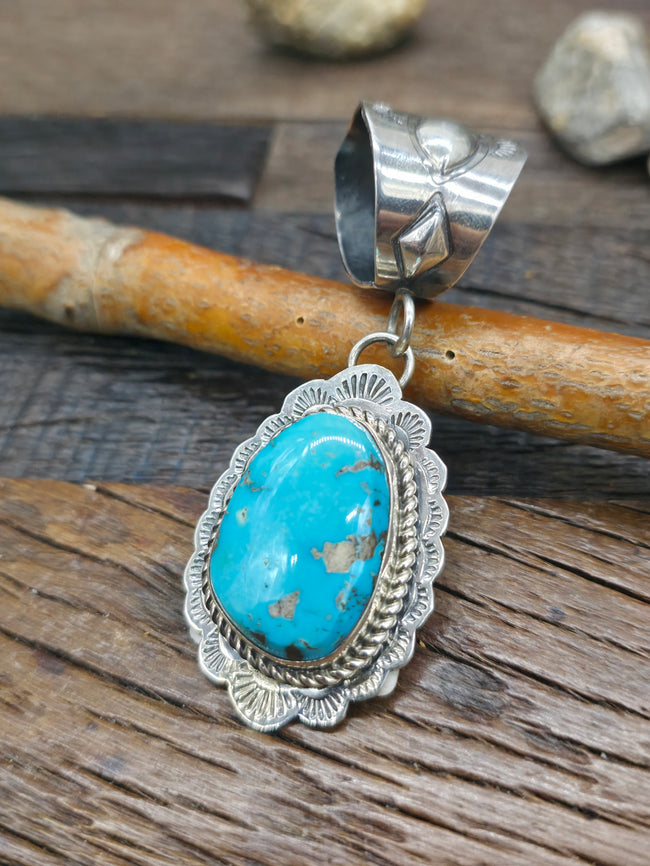 Stamped Sterling Silver Turquoise Pendant by Jacob Troncosa - 3 in. by 1 1/4 in.