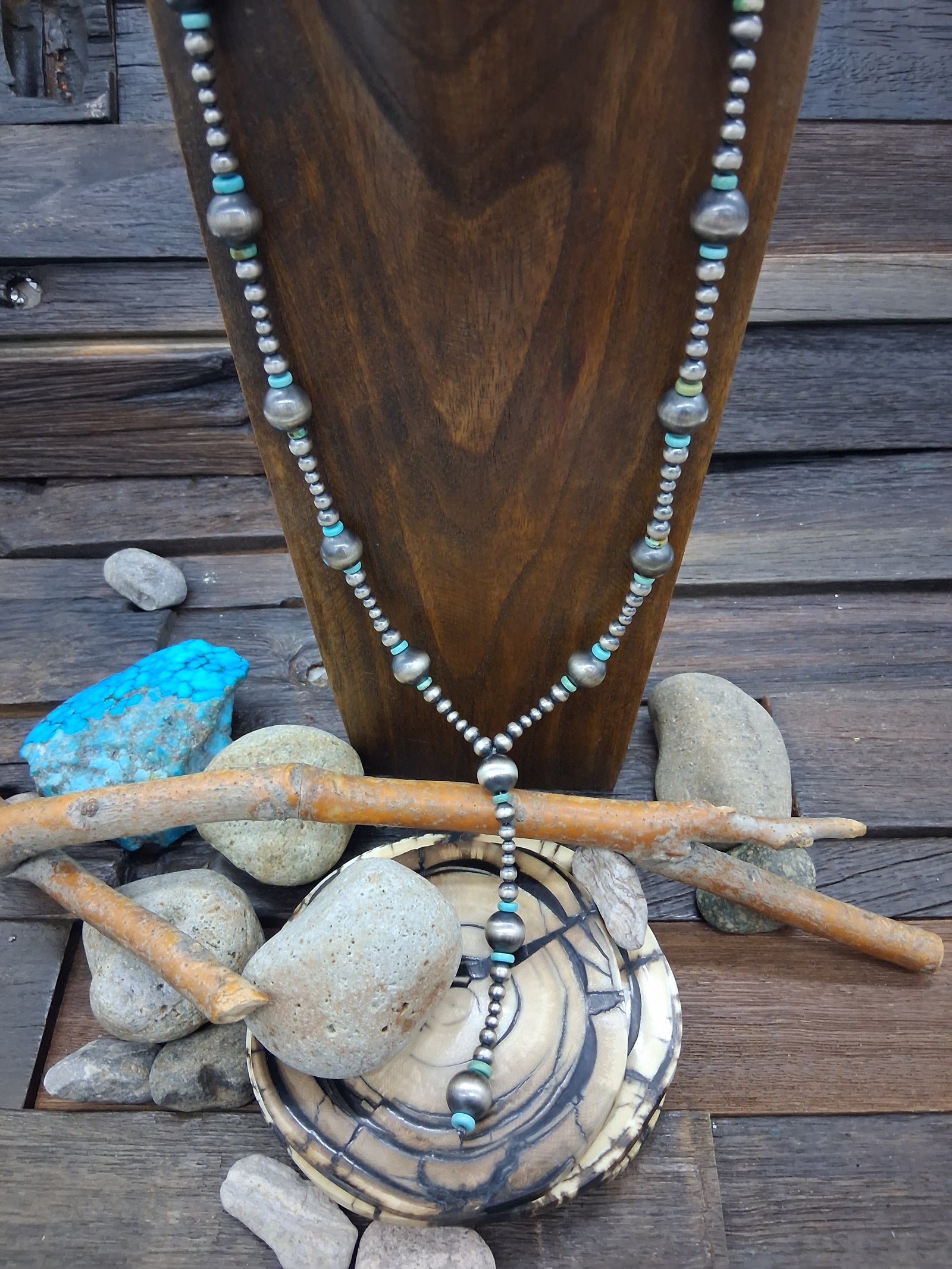 Sterling Silver Oxidized Bead Lariat 24in Necklace with Green Turquoise