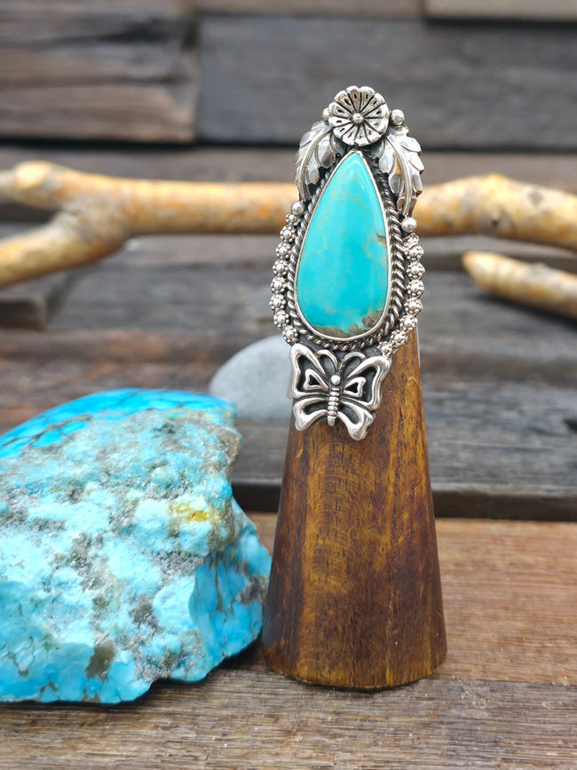 Sterling Silver Flower and Butterfly Applique and Turquoise Ring by B. Jimenez - Adjustable