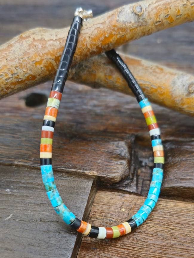 Santo Domingo Jet, Turquoise and Multistone Bracelet by Dorene Calabaza 7.5 in.