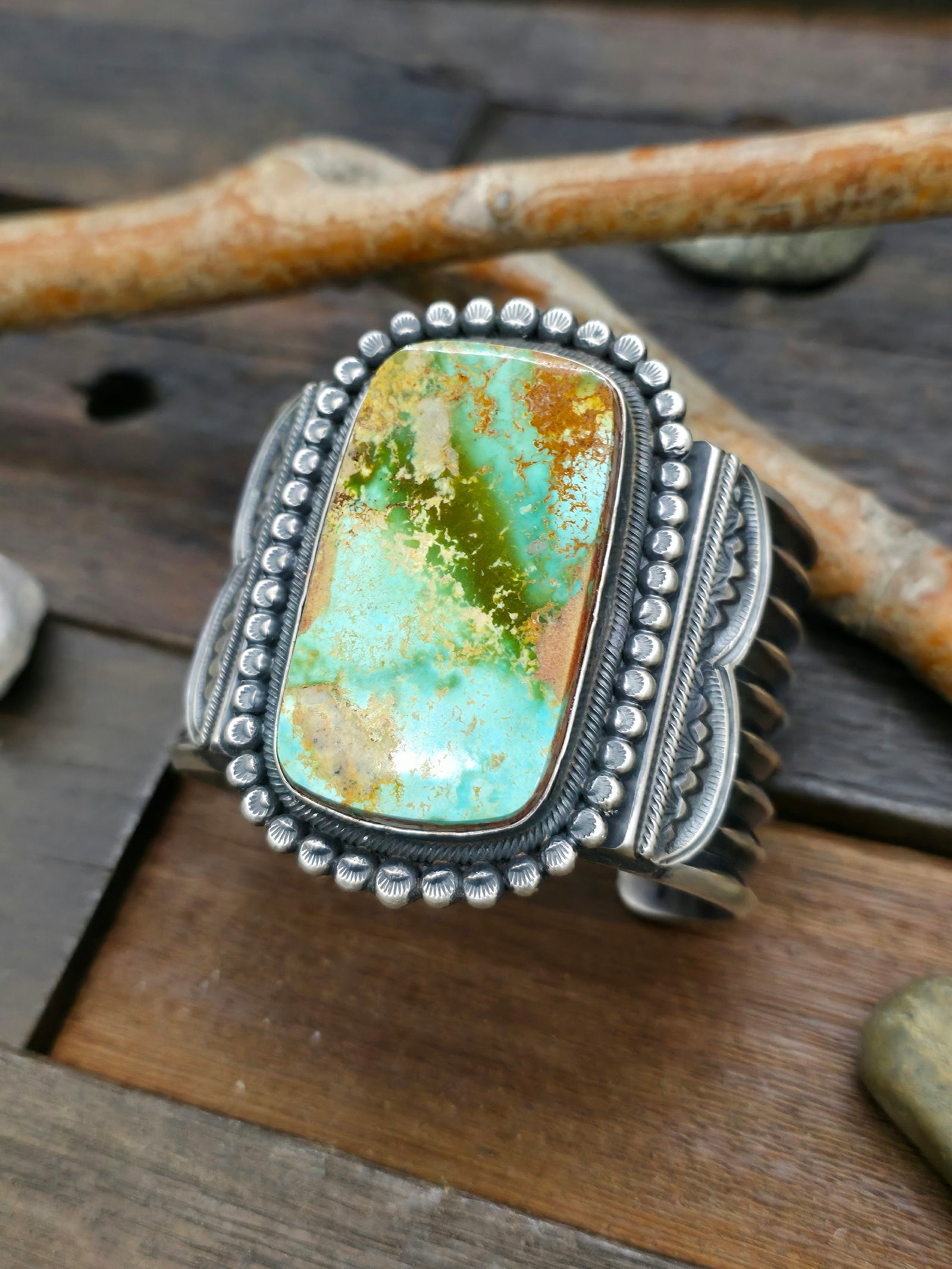 Green Turquoise Sterling Silver Cuff by Leon Martinez - 7 in.