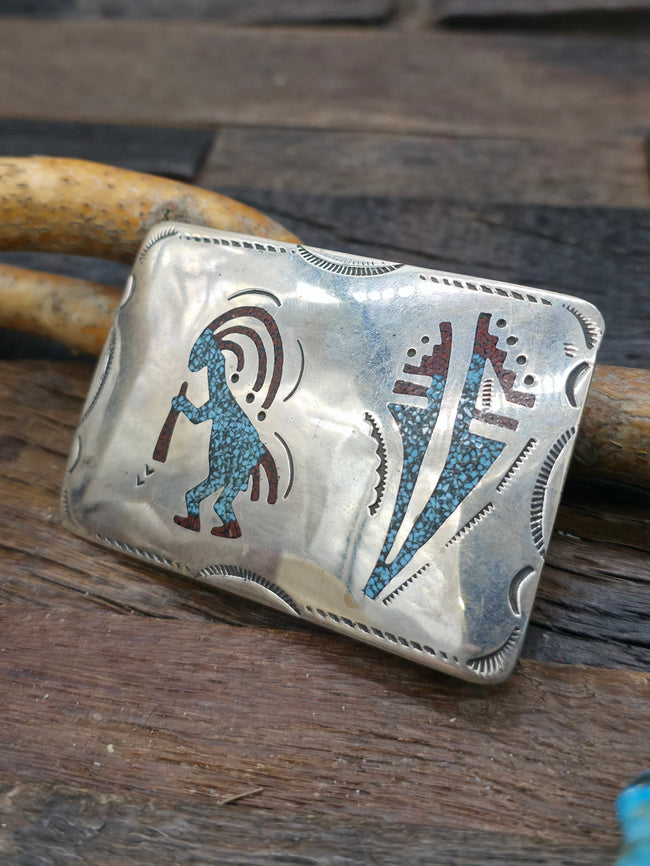 Turquoise and Coral Kokopelli Chip Inlay Belt Buckle by Ray Begay - 3" by 2"