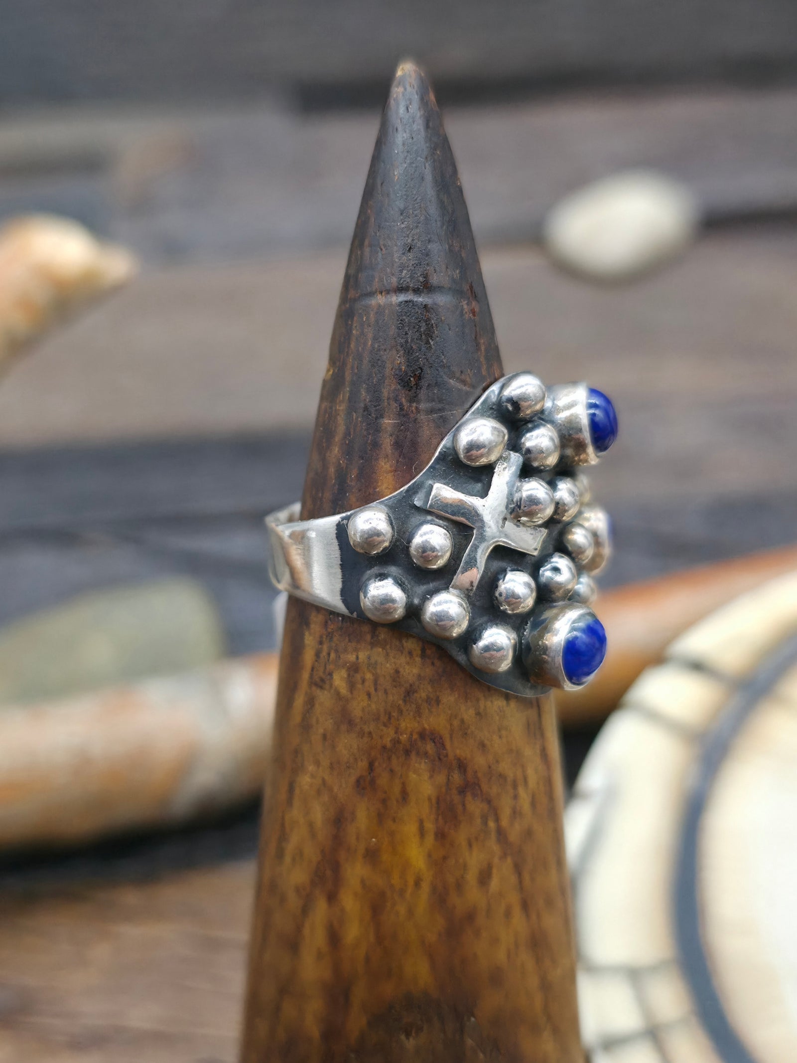 Sterling Silver Cross and Raindrop Lapis Lazuli Ring by Geneva Apachito - Size 8 1/2
