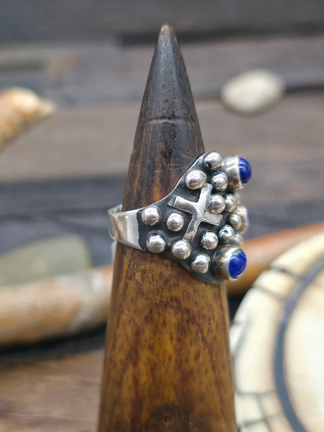 Sterling Silver Cross and Raindrop Lapis Lazuli Ring by Geneva Apachito - Size 8 1/2
