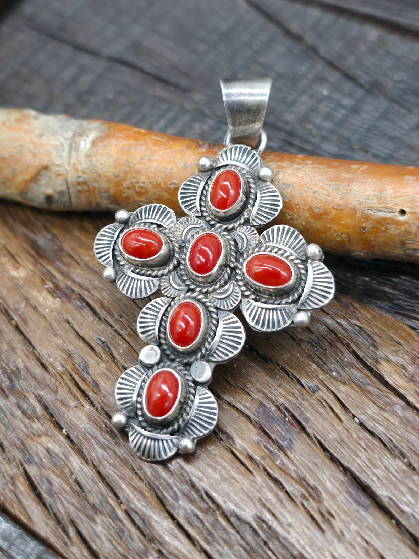 Stamped Sterling Silver Coral Cross Pendant by JE - 2 1/2 in. by 1 1/2 in.