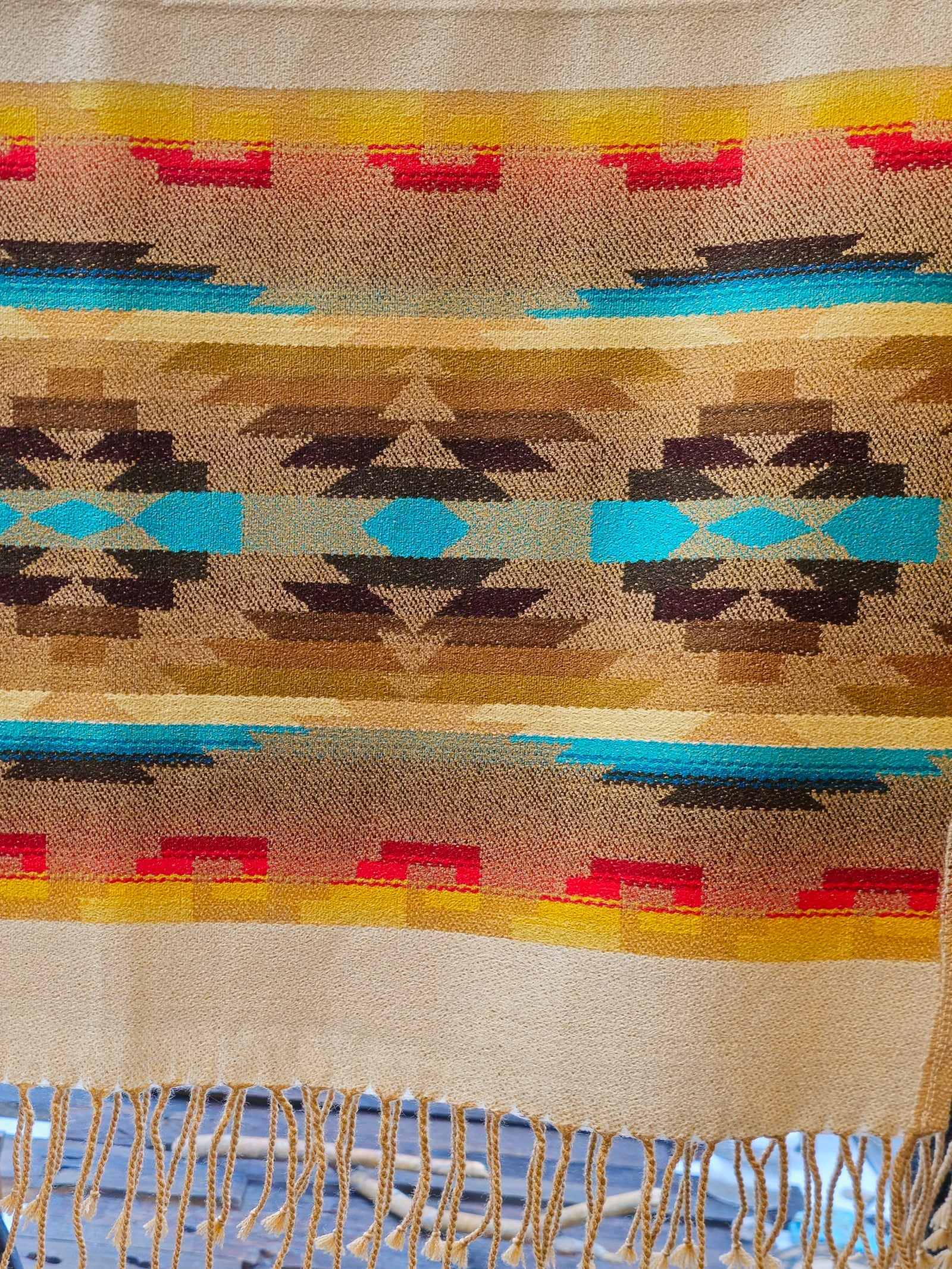 Cream Blanket Print Poncho with Fringe - Tan Reverse