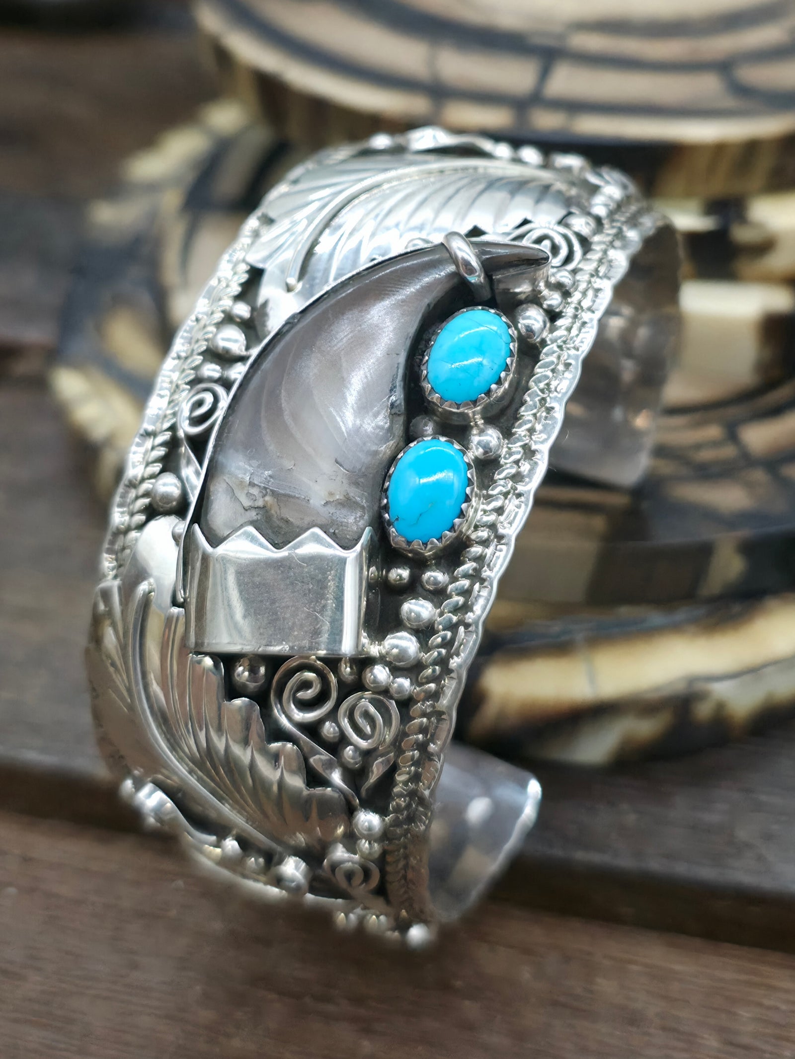 Sterling Silver Leaf Applique Cuff with Bear Claw and Turquoise - 6 1/2 in. with Gap