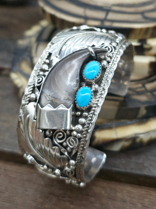 Sterling Silver Leaf Applique Cuff with Bear Claw and Turquoise - 6 1/2 in. with Gap