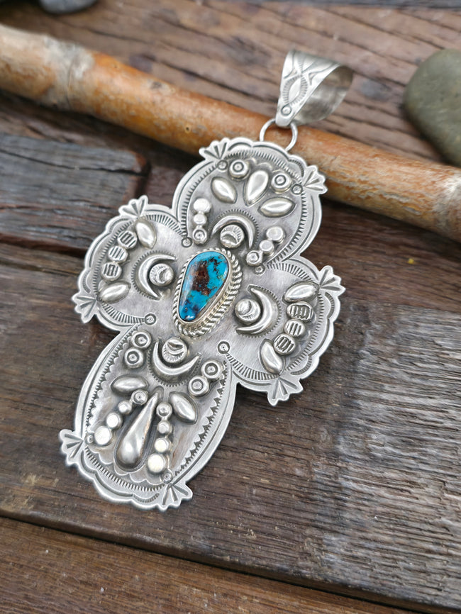 Stamped Sterling Silver and Blue Gem Turquoise Cross Pendant by Dean Sandoval