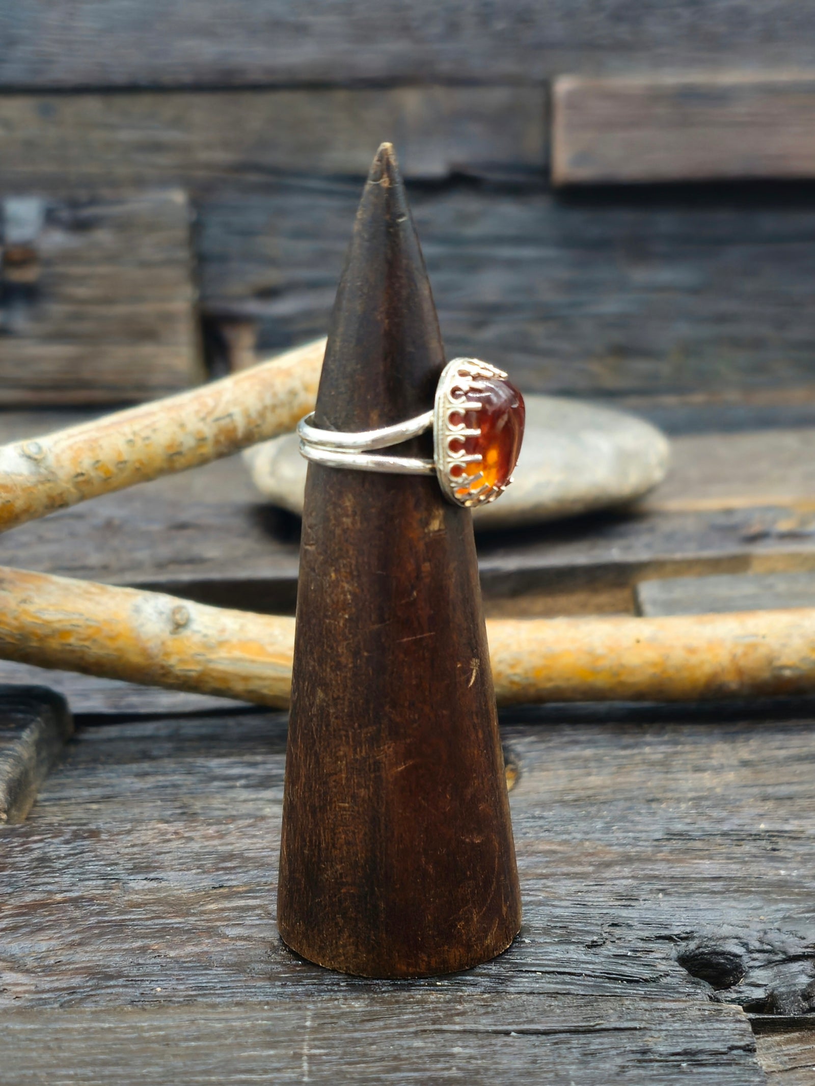Sterling Silver Amber Ring by Jeff Lucio Size 8