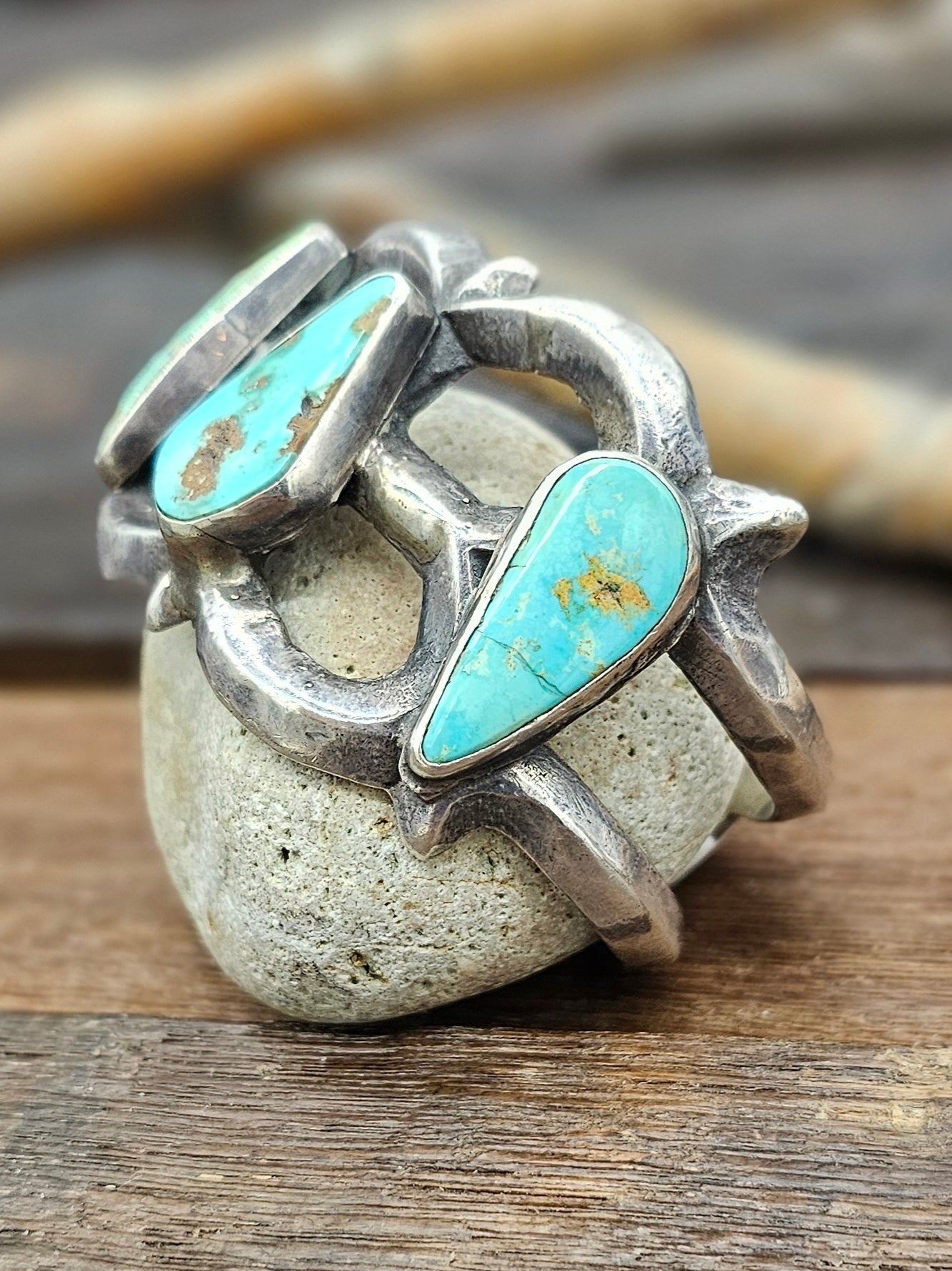 Vintage/Estate Three Stone Turquoise Sandcast Sterling Silver Cuff - 6 1/2 in.