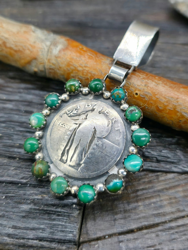 Green Turquoise Liberty Quarter Coin Pendant by L. Archuleta