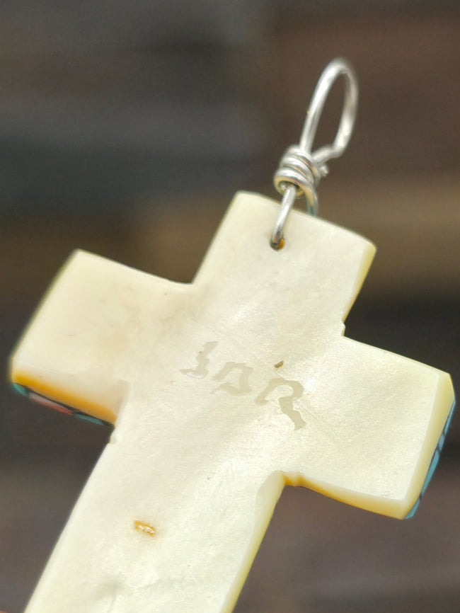 Small Mosaic Inlay Blue Turquoise Cross Pendant by Joe Reano