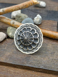 Adjustable Round Stamped Sterling Silver Ring by Leander Tahe