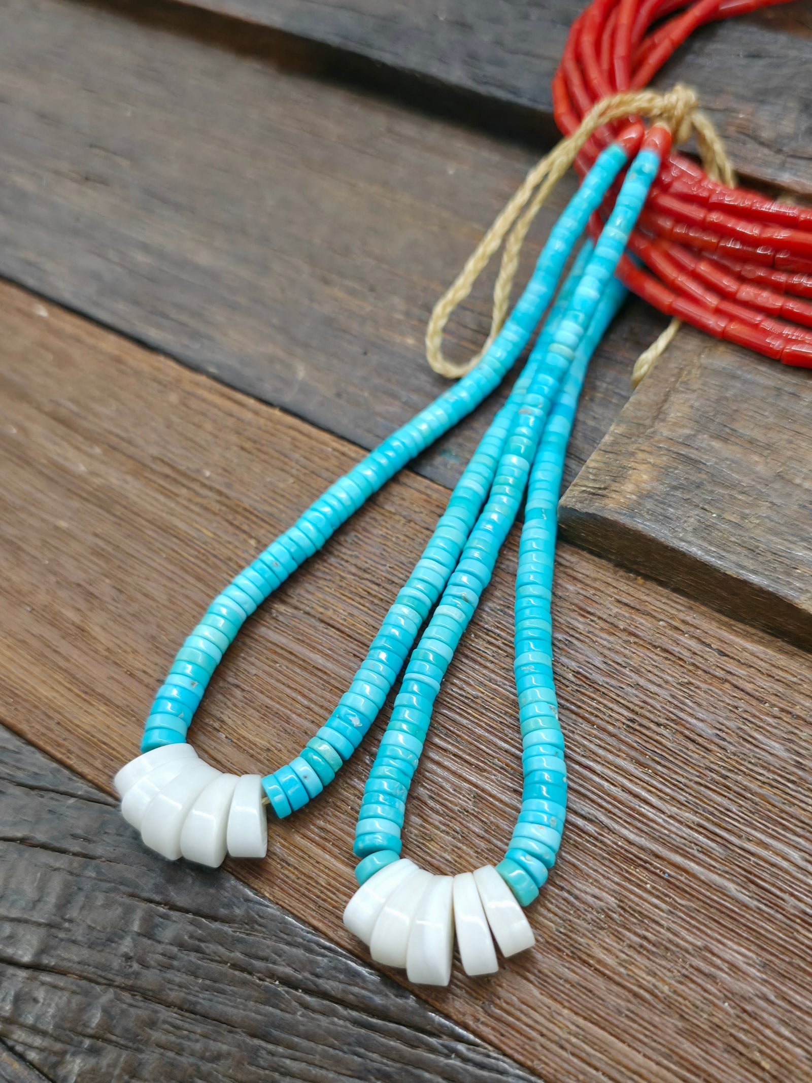 Ten Strand Coral Necklace with Turquoise Jacla and Traditional Wrap by Mel Masquat - 32 in. with 5 in. Drop