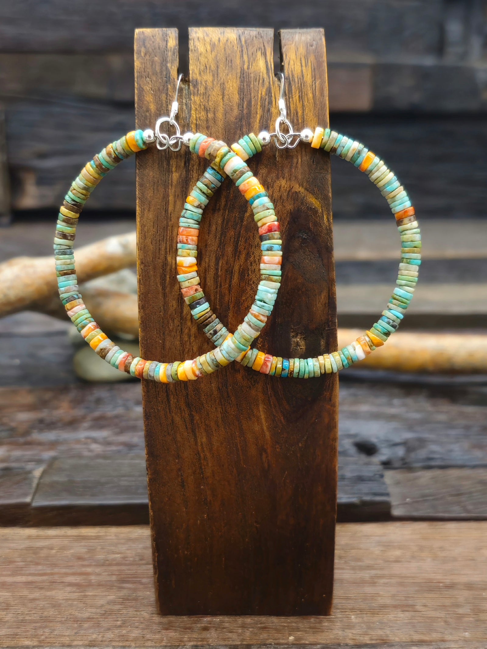 Green Turquoise and Spiny Oyster Stone Bead Hoop Earrings - 2 in
