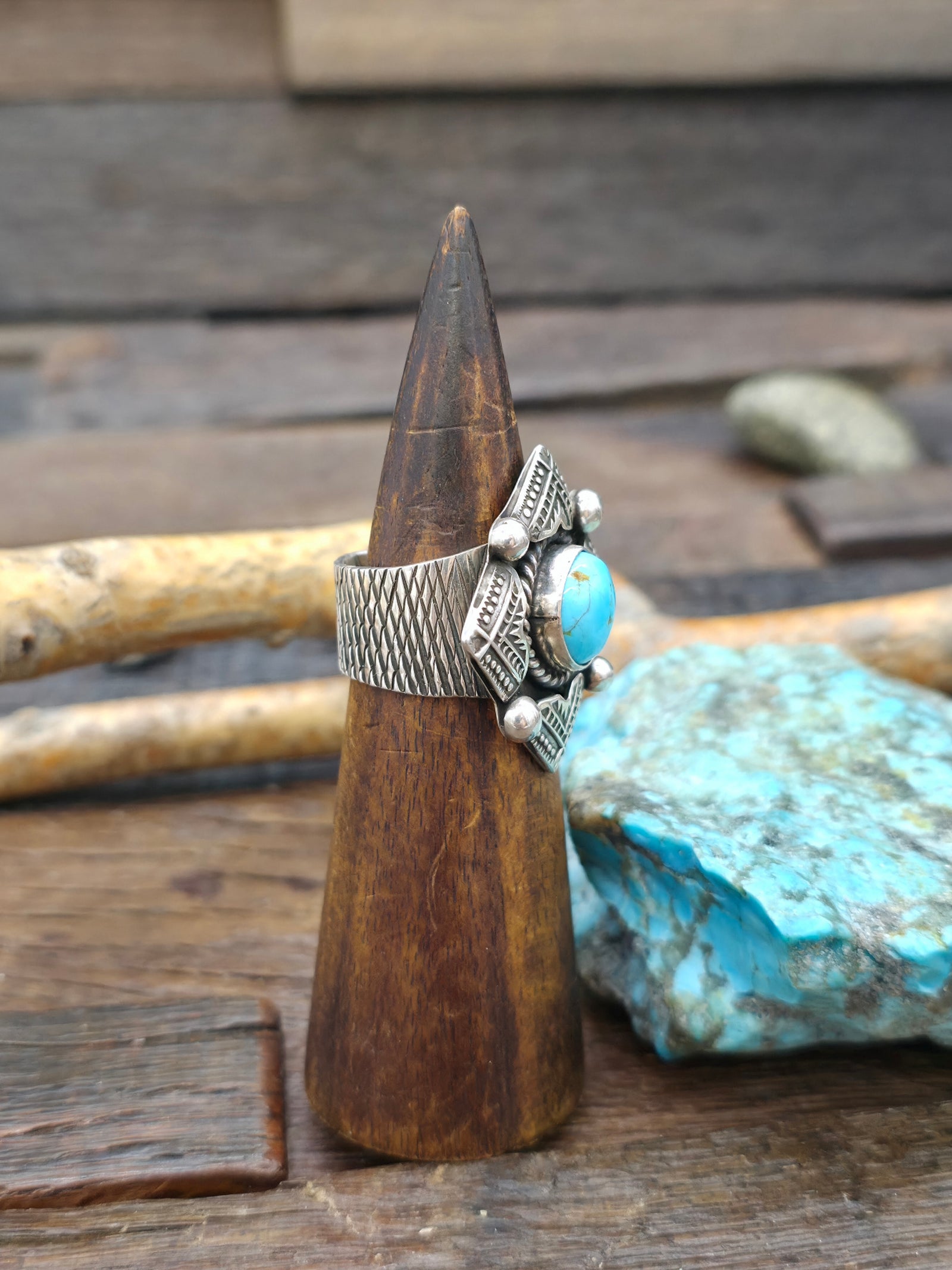 Stamped Sterling Silver Kingman Turquoise Ring by G. Hale - Size 12.5