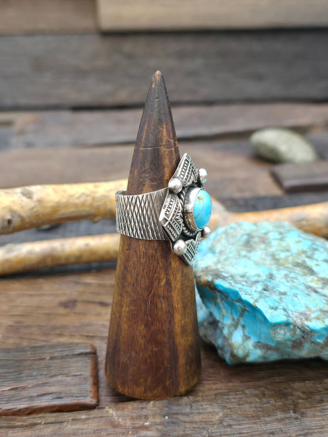 Stamped Sterling Silver Kingman Turquoise Ring by G. Hale - Size 12.5