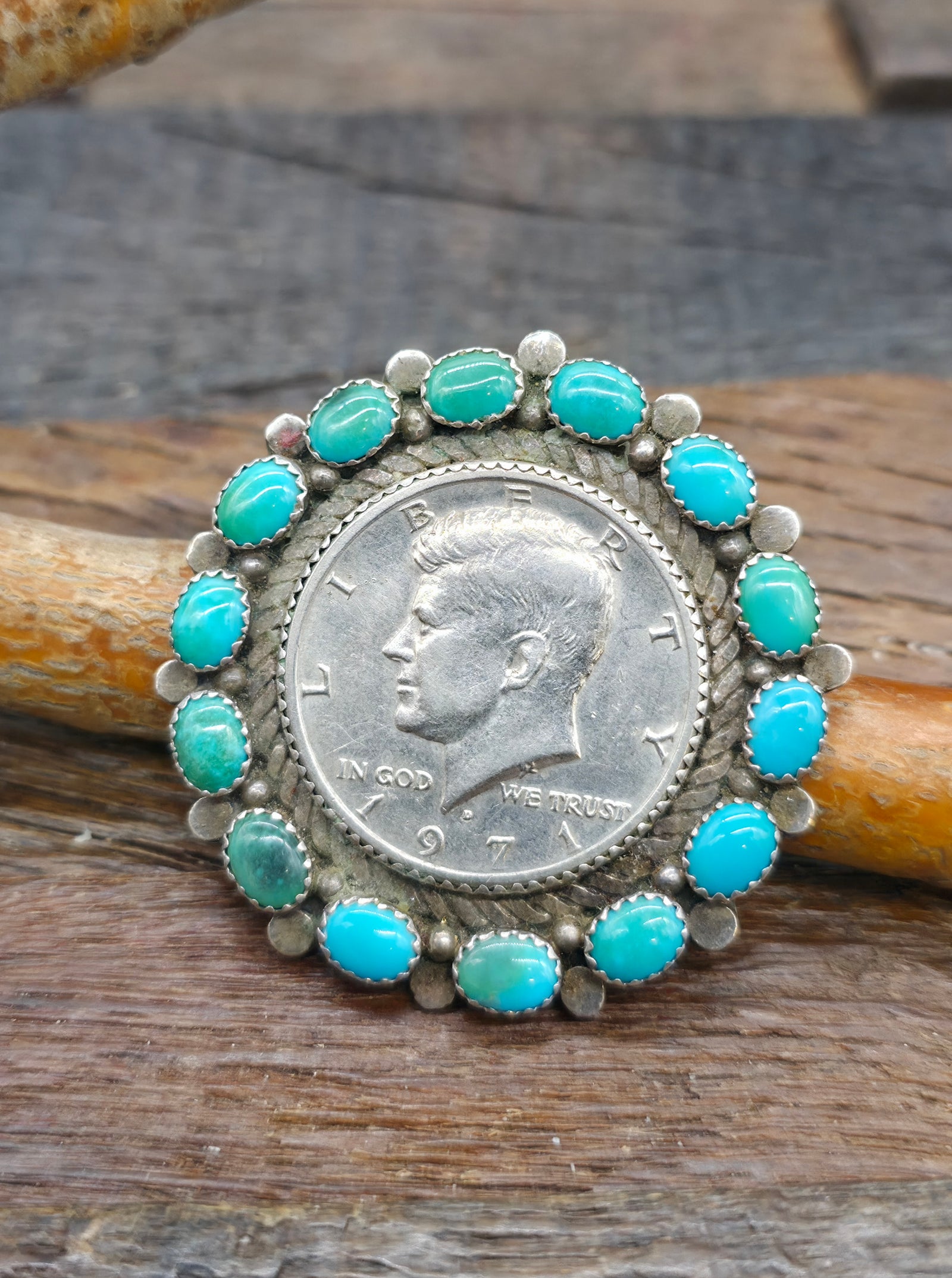 Kennedy Half Dollar Sterling Silver Turquoise Pin - 1 3/4 in. Diameter