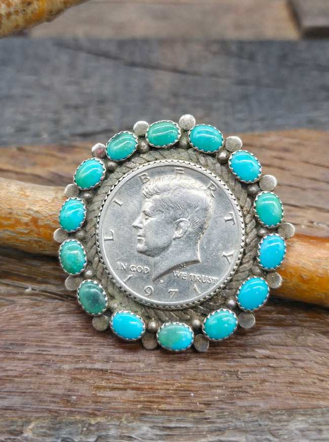 Kennedy Half Dollar Sterling Silver Turquoise Pin - 1 3/4 in. Diameter