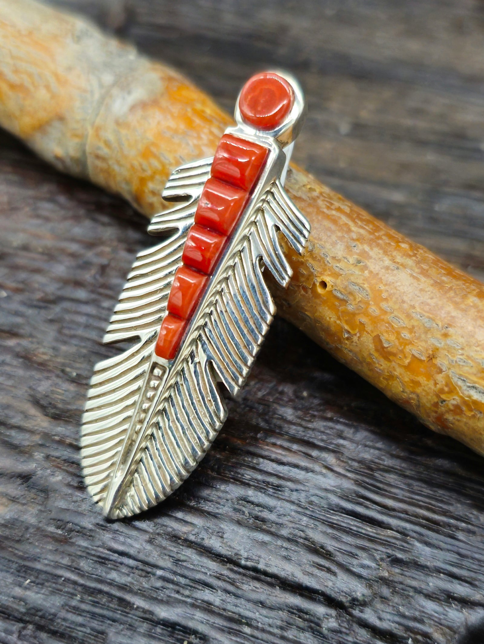 Coral Cobblestone Inlay Sterling Silver Feather Pendant