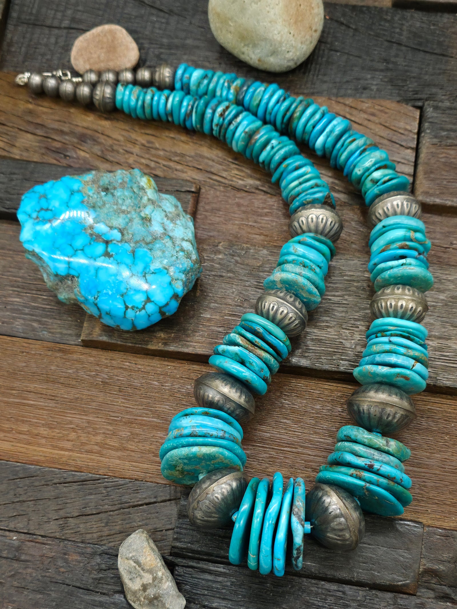 Graduated Stamped Sterling Silver and Mixed Turquoise Rondell Bead Necklace - 30 in.