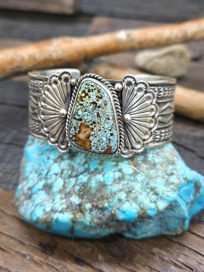 Stamped Sterling Silver Pilot Mountain Turquoise Cuff by Sunshine Reeves - 6 3/4 in. with Gap