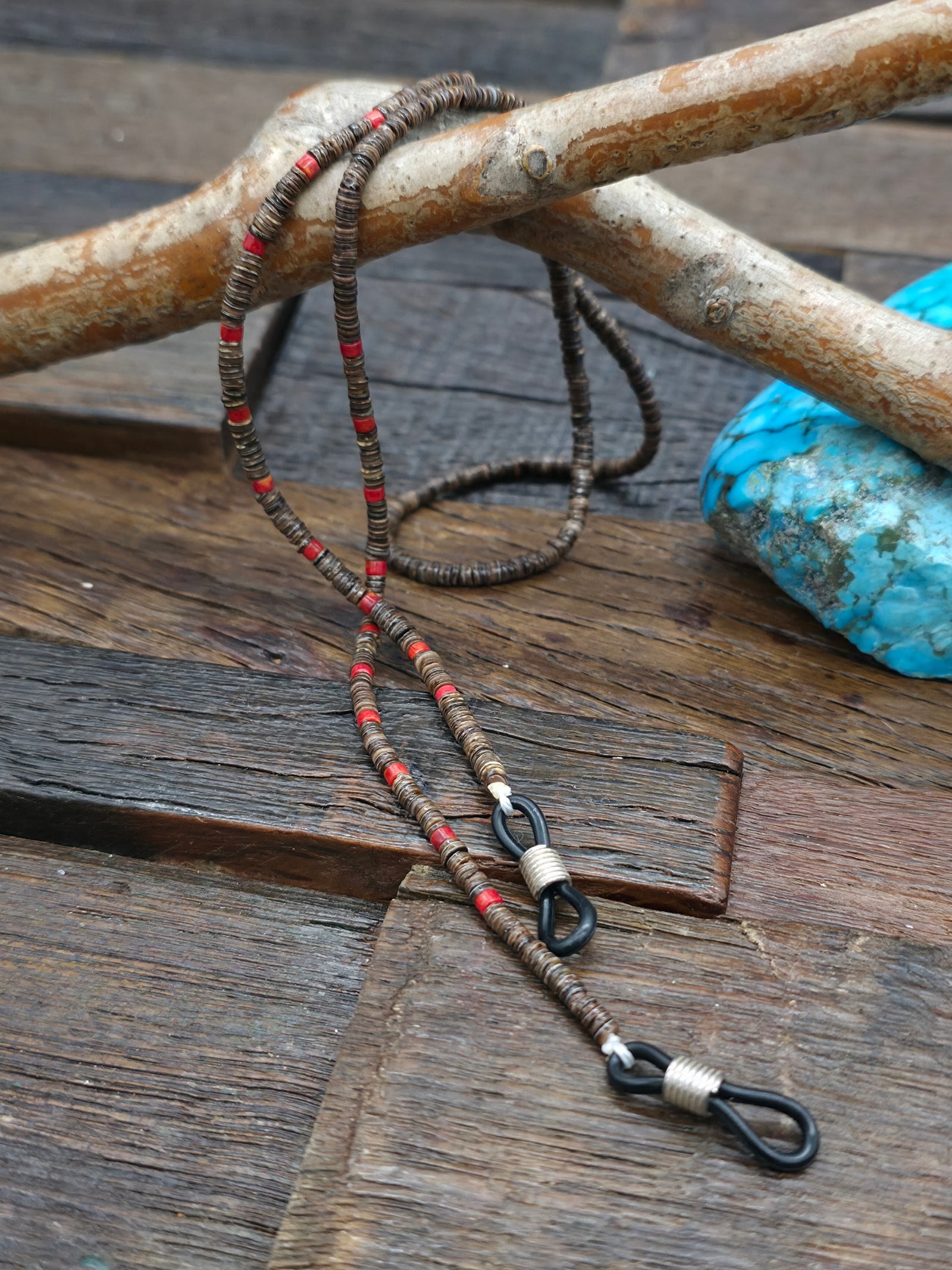 Coral Dark Heishi Eyeglass Chain by Raymond Bird - 25 in.